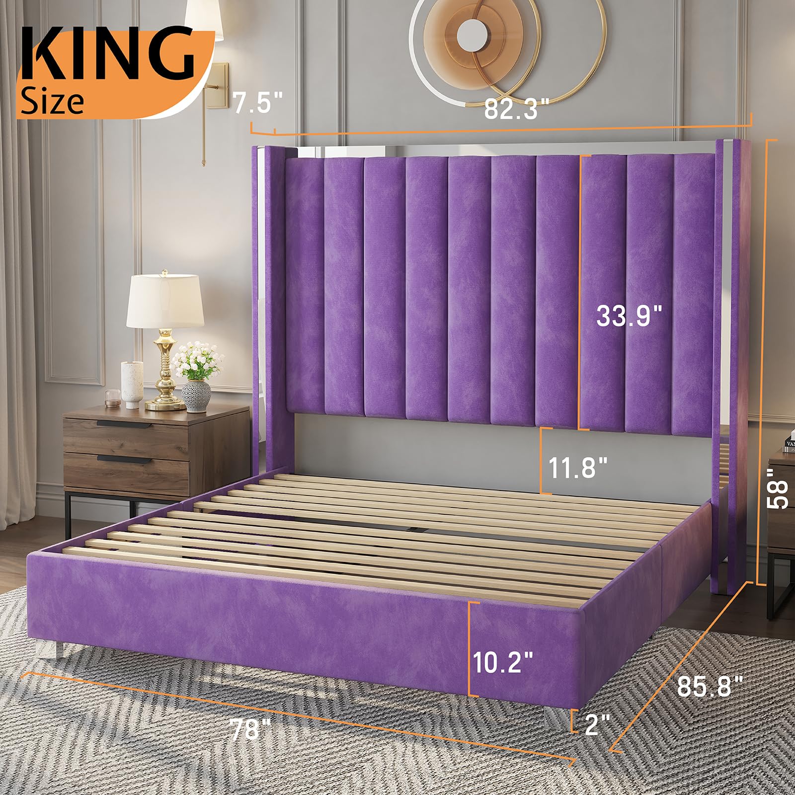King Velvet Platform Bed with 58" Tufted Wingback Headboard