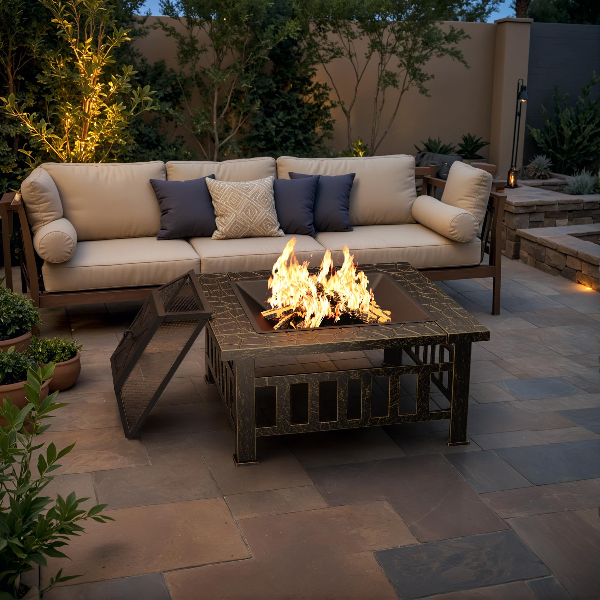 Multifunctional Patio Fire Pit Table, 32in Square Metal BBQ Firepit - Bircata