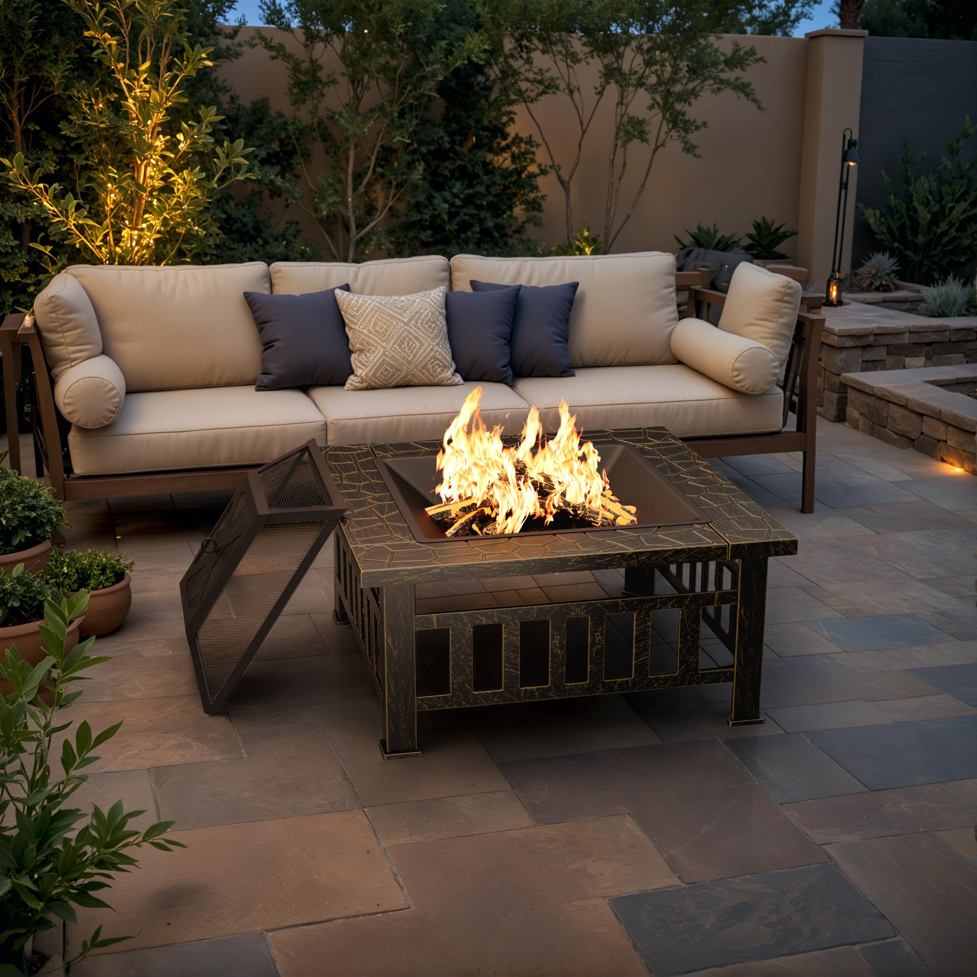 Multifunctional Patio Fire Pit Table, 32in Square Metal BBQ Firepit - Bircata