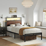 Full Bed Frame with Storage Headboard Metal Platform Bed with LED Lights USB Ports