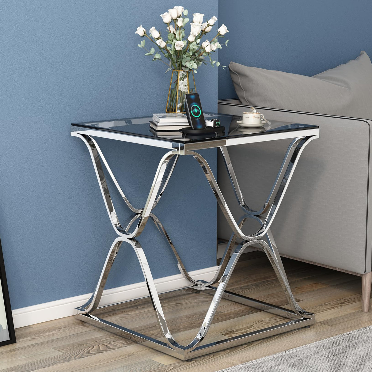 Glass End Table for Living Room, Silver Side Table with Tempered Glass Top