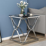 Glass End Table for Living Room, Silver Side Table with Tempered Glass Top