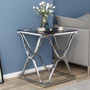 Glass End Table for Living Room, Silver Side Table with Tempered Glass Top