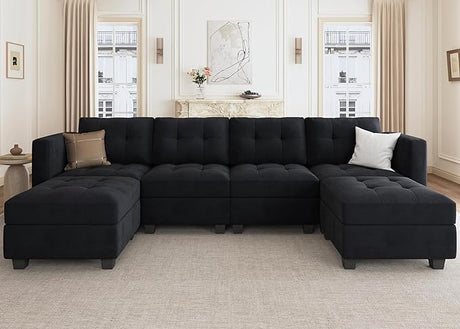 Modular Sectional Sofa Velvet U Shaped Couch with Double Chaises 6 Seater Sectional Sofa with Storage, Black