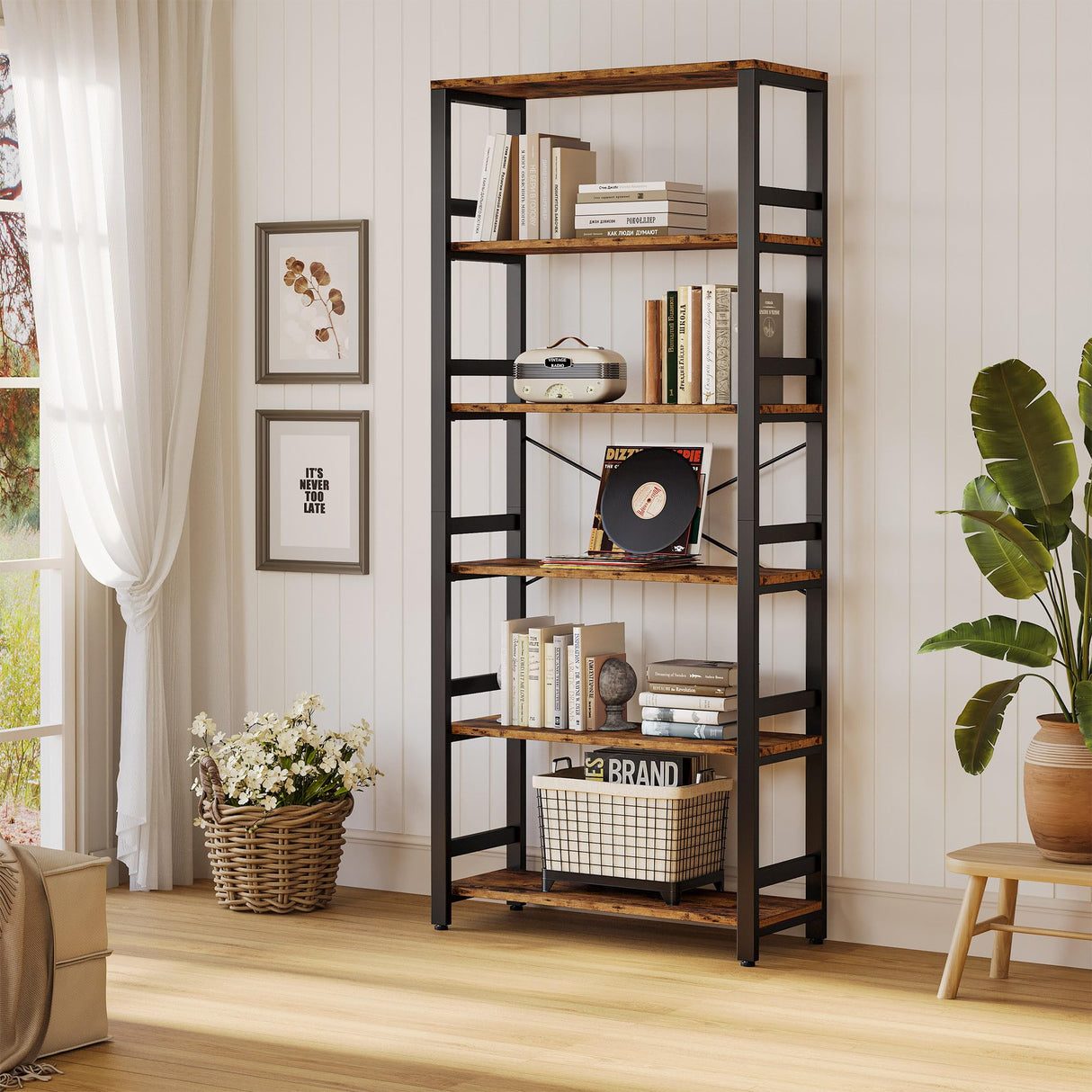 Bookshelf, 31.5in Wide Shelf 6 Tier Bookcase, 110lbs/shelf Vintage Industrial Style Bookshelves