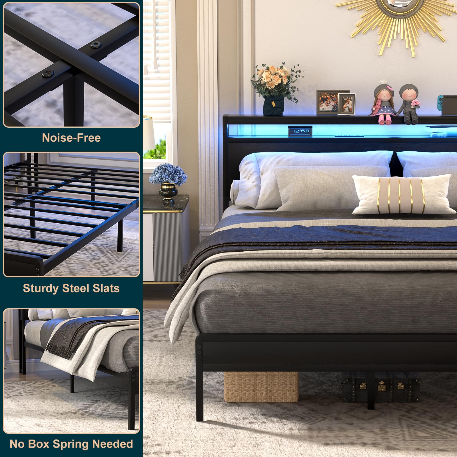 Queen Size Bed Frame with Charging Station and Led Lights, Industrial Metal Platform Bed with Storage Headboard, Steel Slat Support, No Box Spring Needed, Noise-Free, Easy Assembly, Black