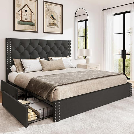 Queen Bed Frame with 4 Storage Drawers,Linen Upholstered Platform Bed Frame