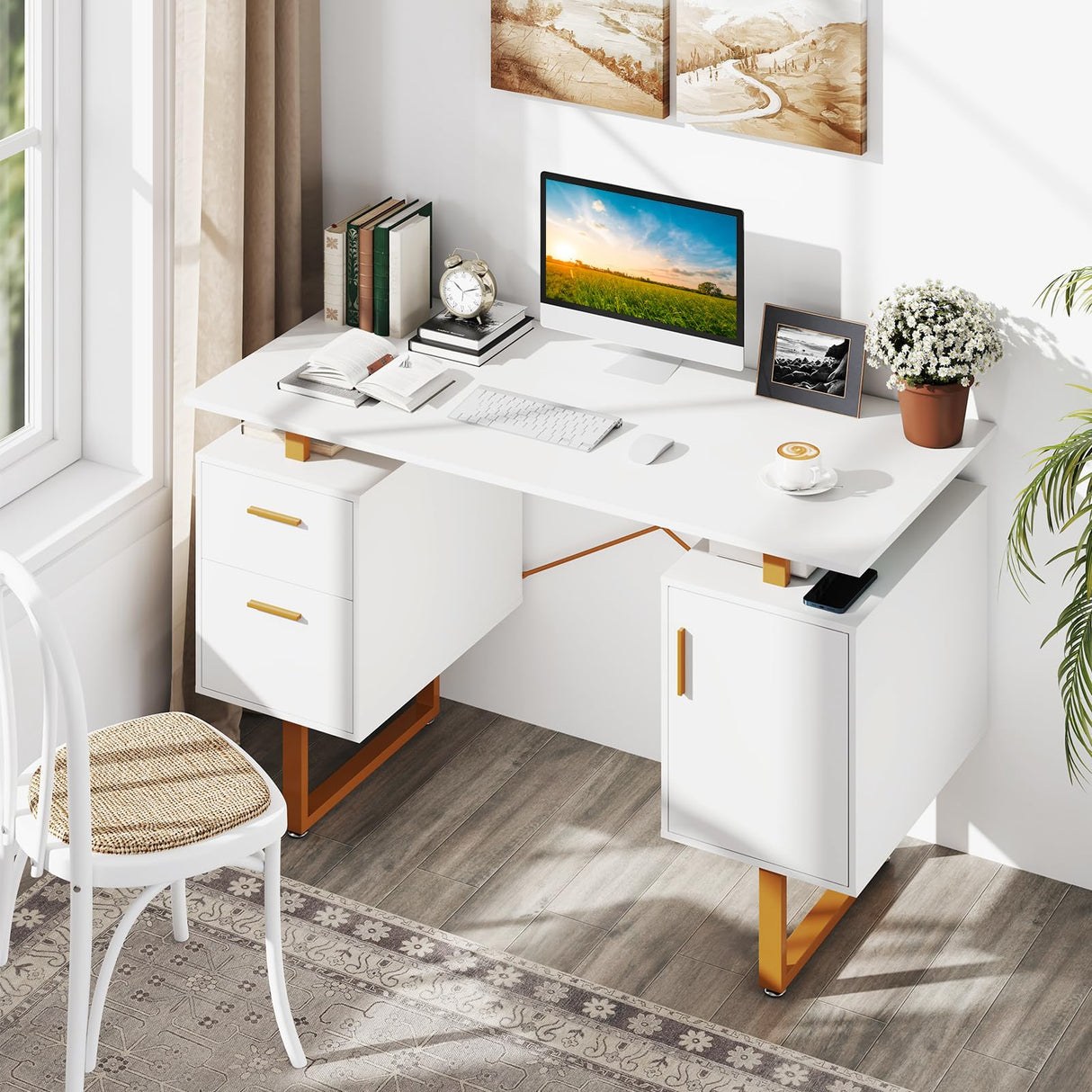 Computer Desk with Drawers & Cabinet, 51” Long Home Office Desk with Floating Desktop