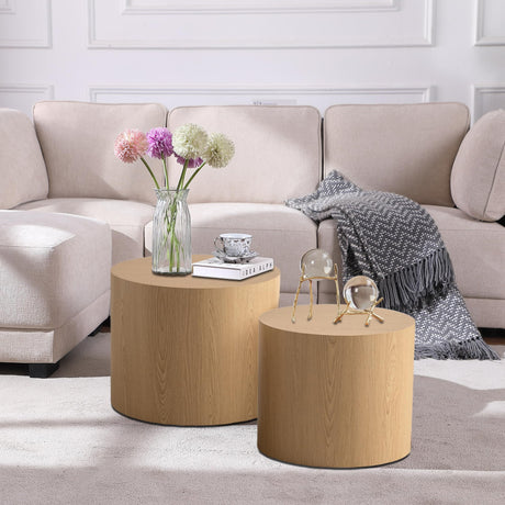 Round Nesting Coffee Table Set of 2 Modern Drum Coffee Table Side Table Storage