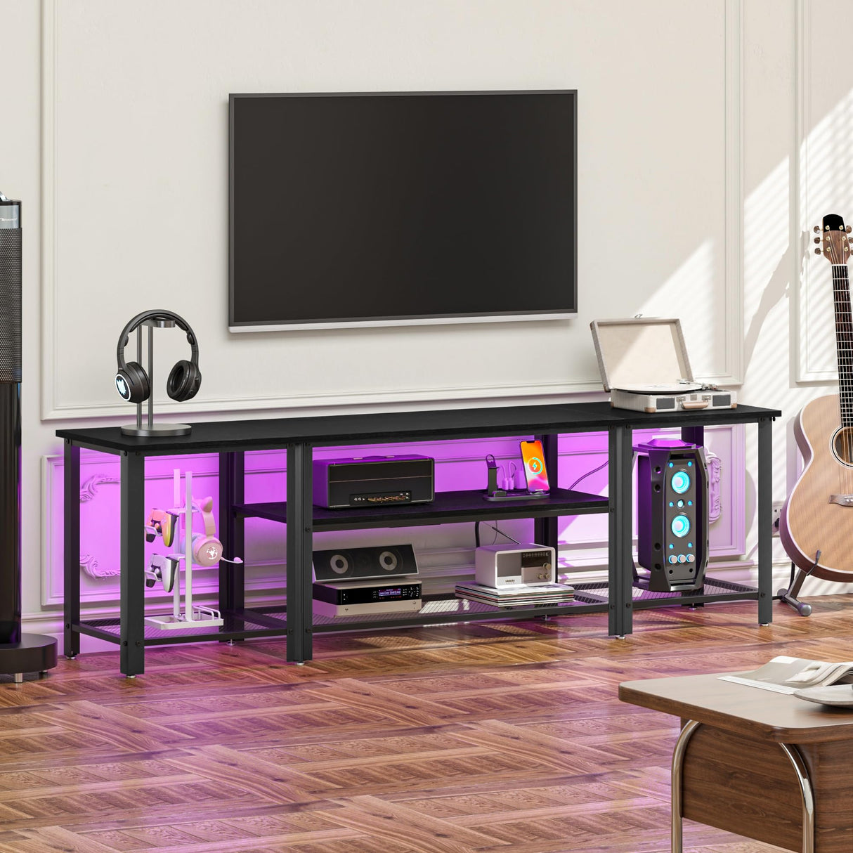 Industrial Metal TV Stand with RGB LED Lights & Power Outlets