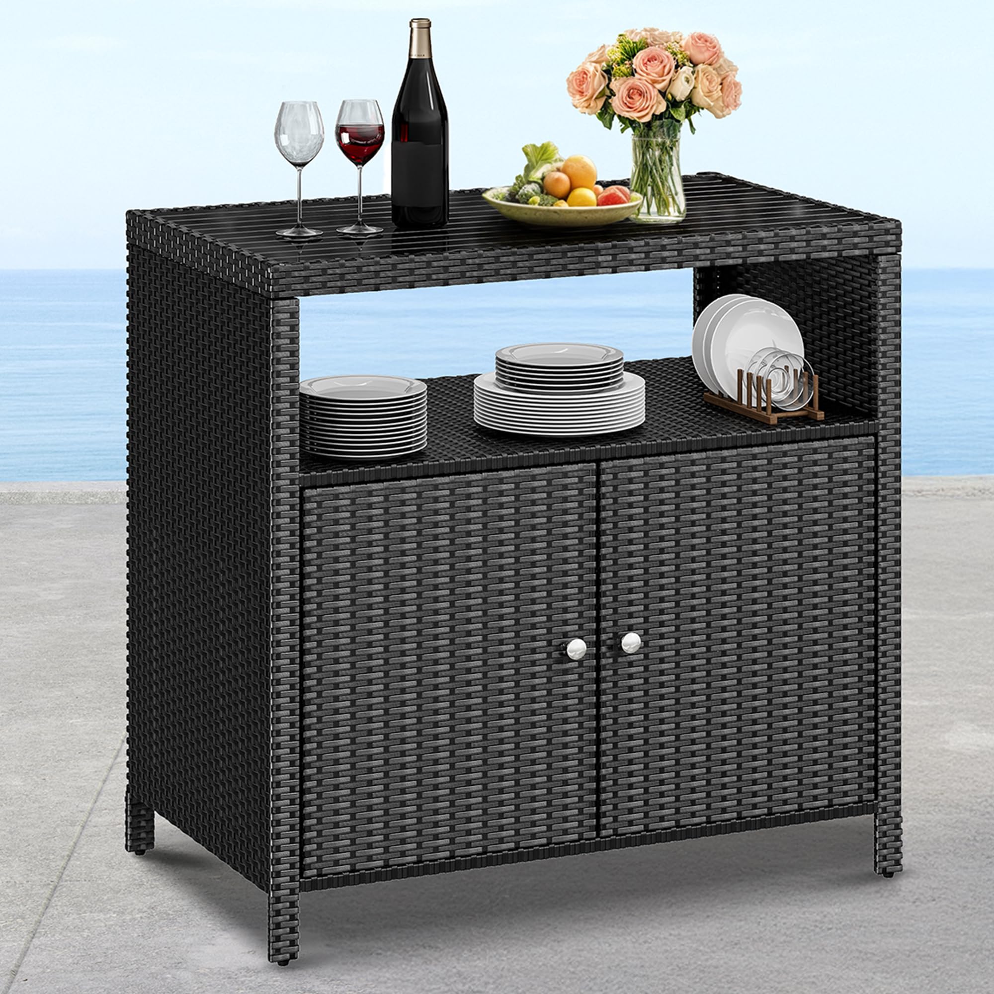 Outdoor Storage Cabinet, Outdoor Patio Bar w/2 Doors and Shelves