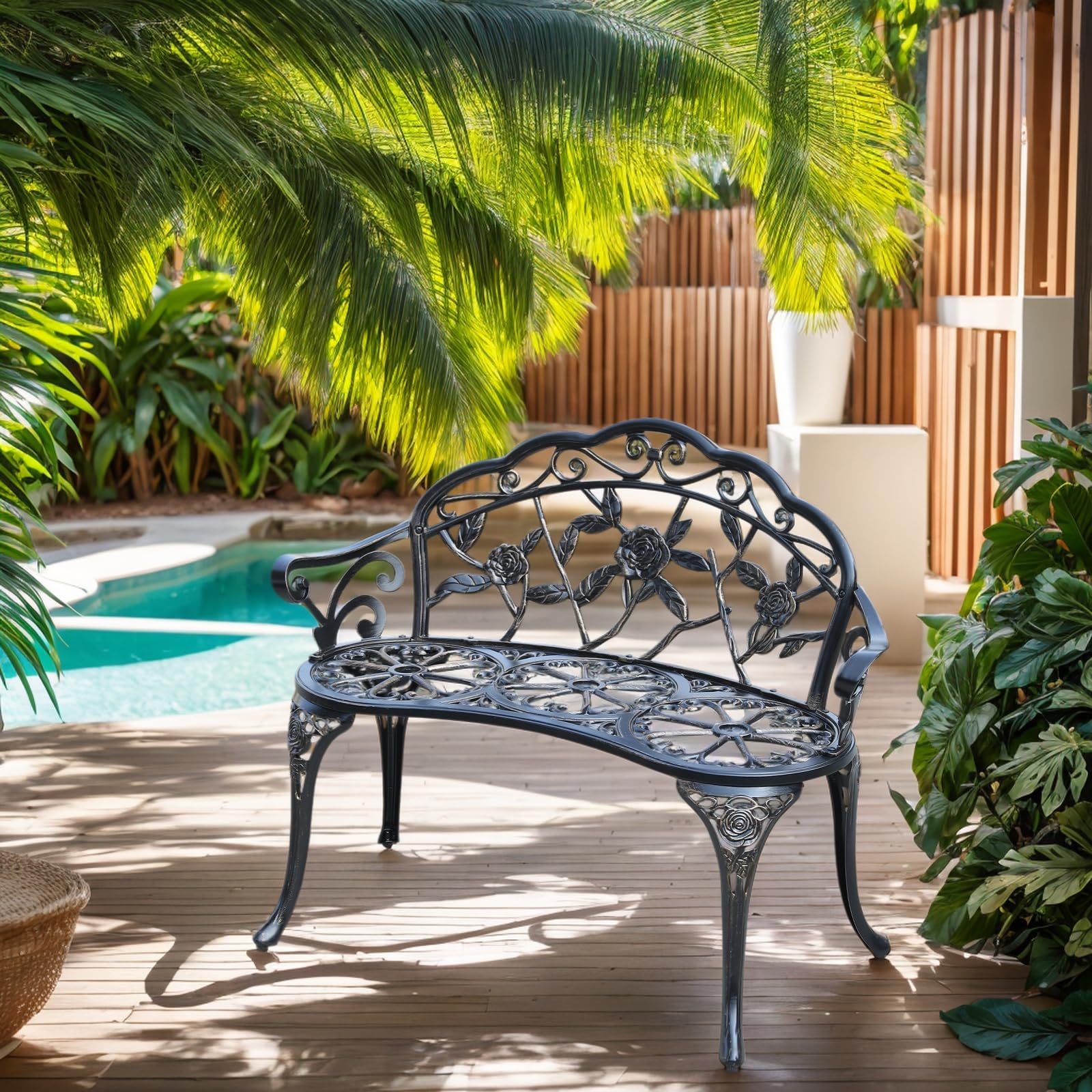 Cast Aluminium Outdoor Bench, Rose Garden Bench for Patio,Park,Lawn,Yard