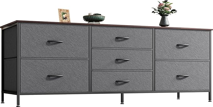 Dresser for Bedroom, 55 Inch Dresser TV Stand for 43, 55, 60 Inch TV, Long Dresser, Fabric Dresser, TV Stand with 7 Drawers, Storage Dresser for Closet, Clothing, Rustic Brown