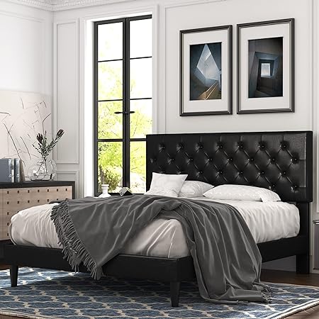 King Bed Frame with Adjustable Diamond Stitched Button Tufted Headboard