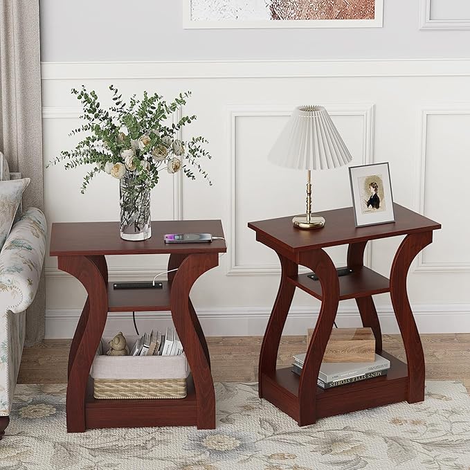 End Table with Charging Station, Side Table with USB Ports and Outlets, 3 Tier Nightstand