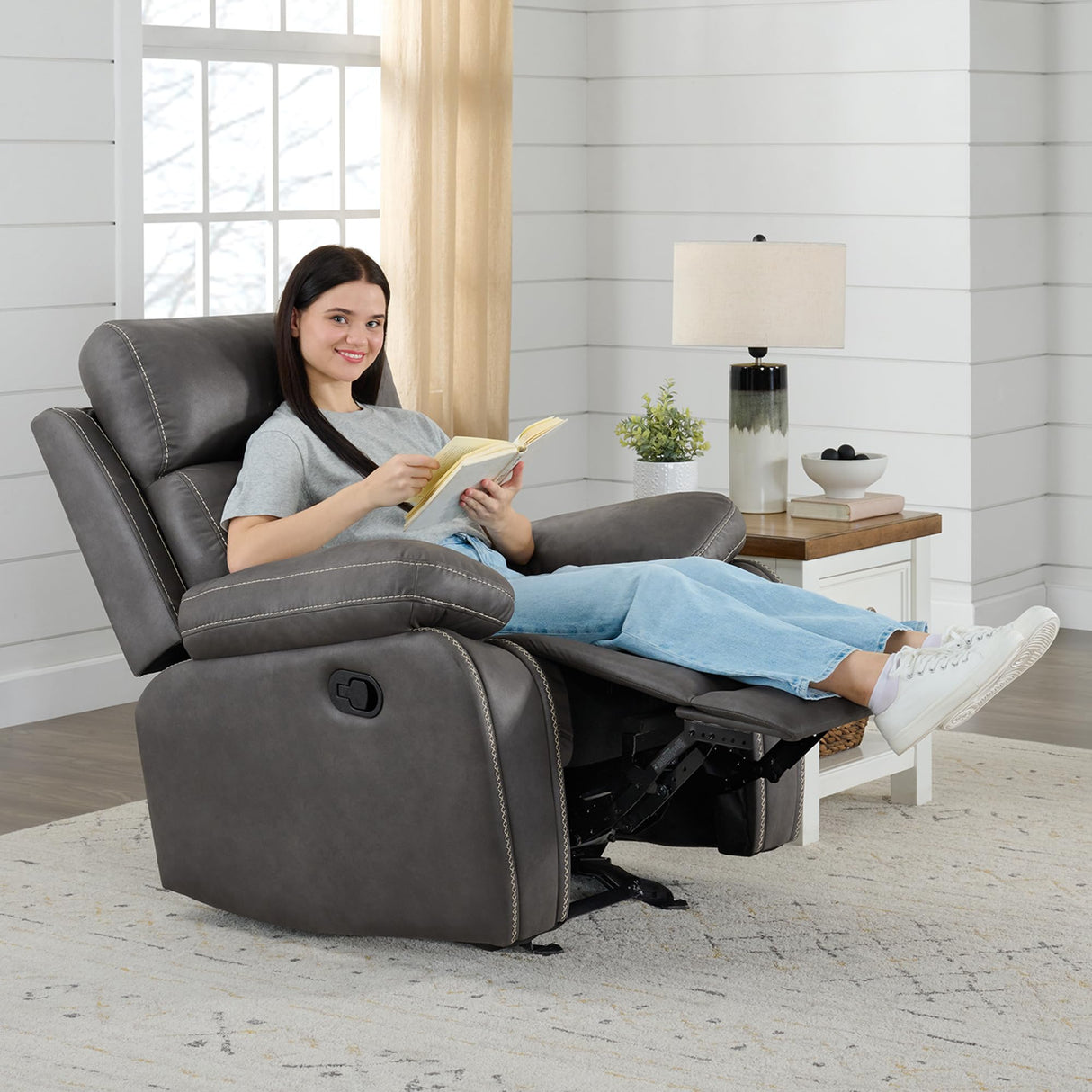 Manual Rocker Recliner Chair with Overstuffed Arms and Back Faux Leather Single Sofa