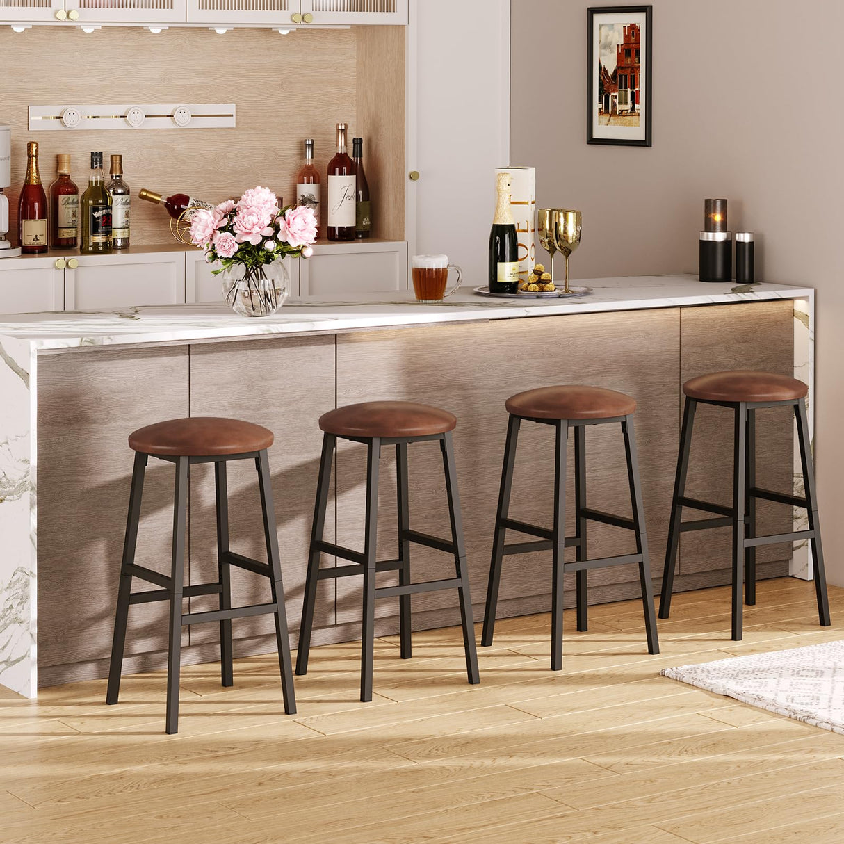 Bar Stools, 24.8 Inch PU Upholstered Breakfast Stools, Set of 2 Round Bar Chairs