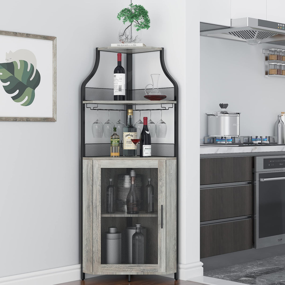 Corner Wine Bar Rack Cabinet with Detachable Wine Rack, Bar Cabinet