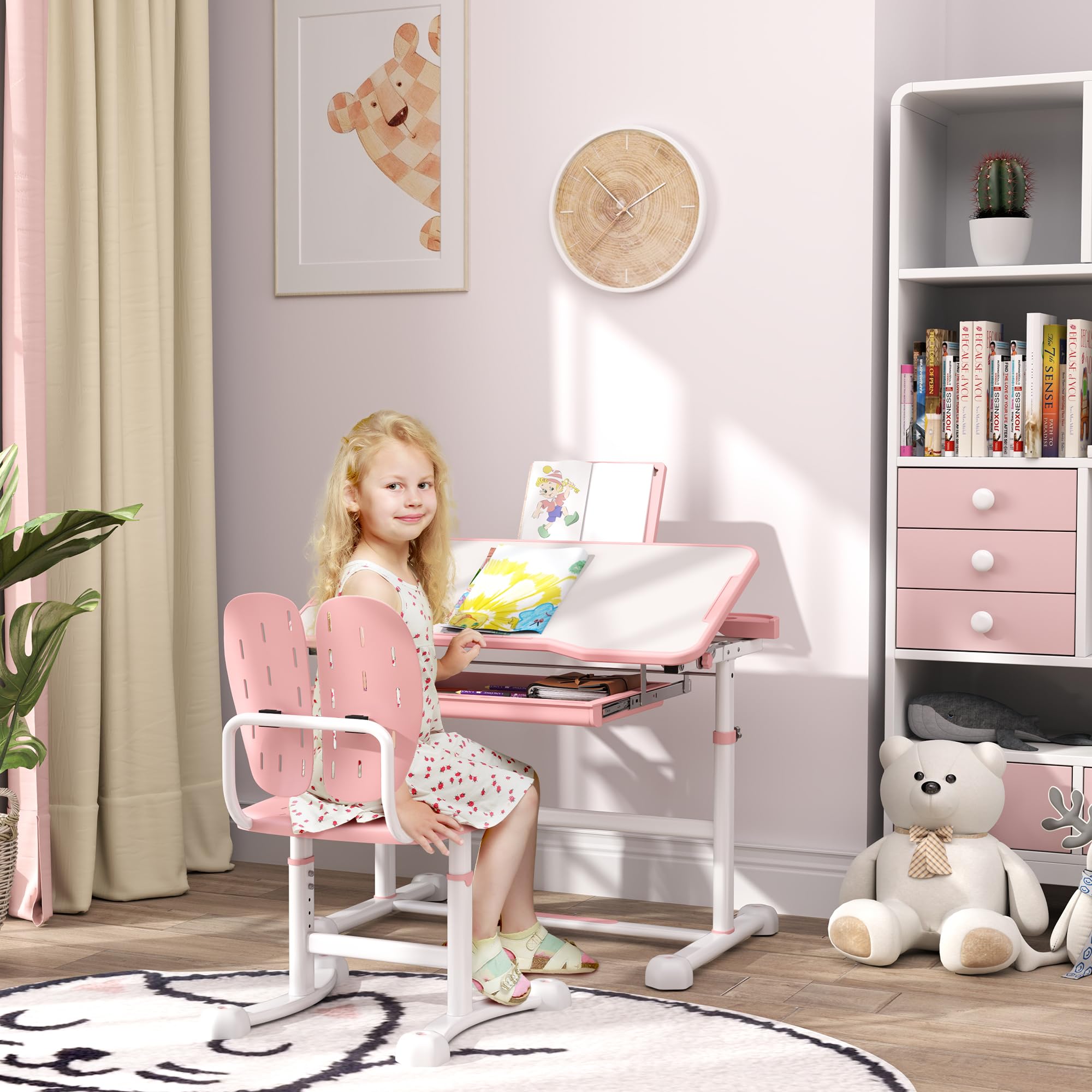 Chair Set, Height Adjustable Kids School Study Desk and Chair Set with Tilt Desktop, Storage Drawer & Book Stand for Writing, Reading and Drawing, Pink