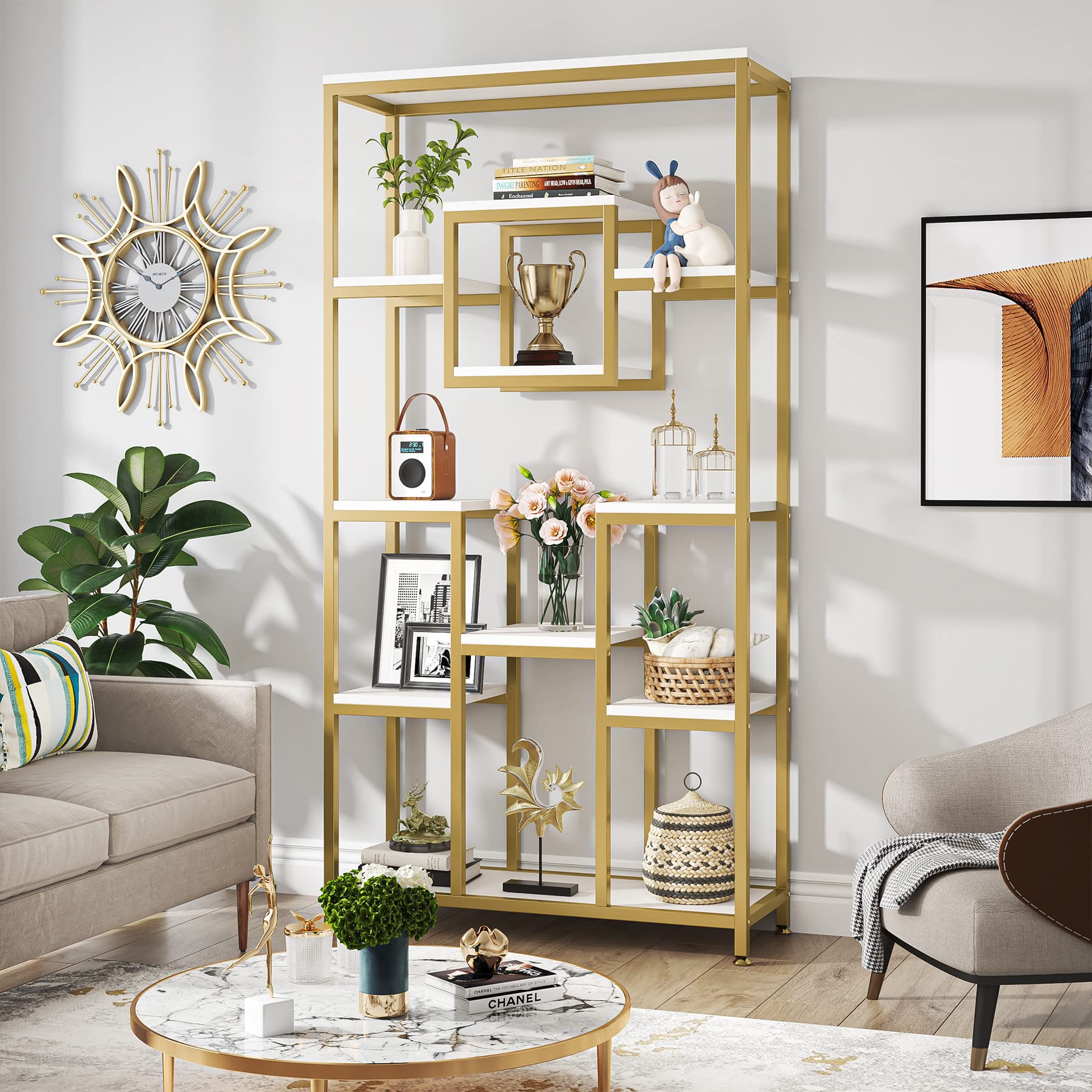 71" Gold Etagere Bookshelf, Modern 11-Tier Tall Open Display Bookcase Bookshelves, Free
