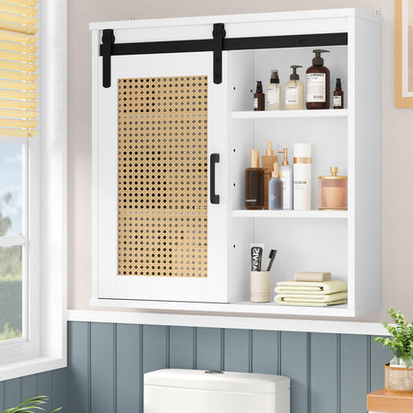 Bathroom Cabinet Wall Cabinet, Rattan Medicine Cabinet with Sliding Barn Door