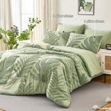 Floral Tufted Lightweight Bedding Comforter Set,Soft Botanical Palm Leaf Pattern Bed Set