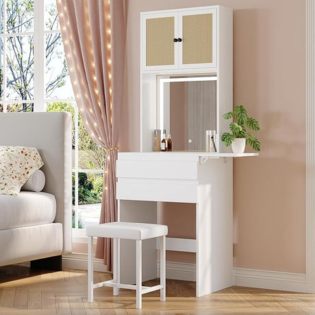 Small Makeup Vanity Desk with Mirror and Lights, Chair, Fold-up Panel, Rattan Cabinet