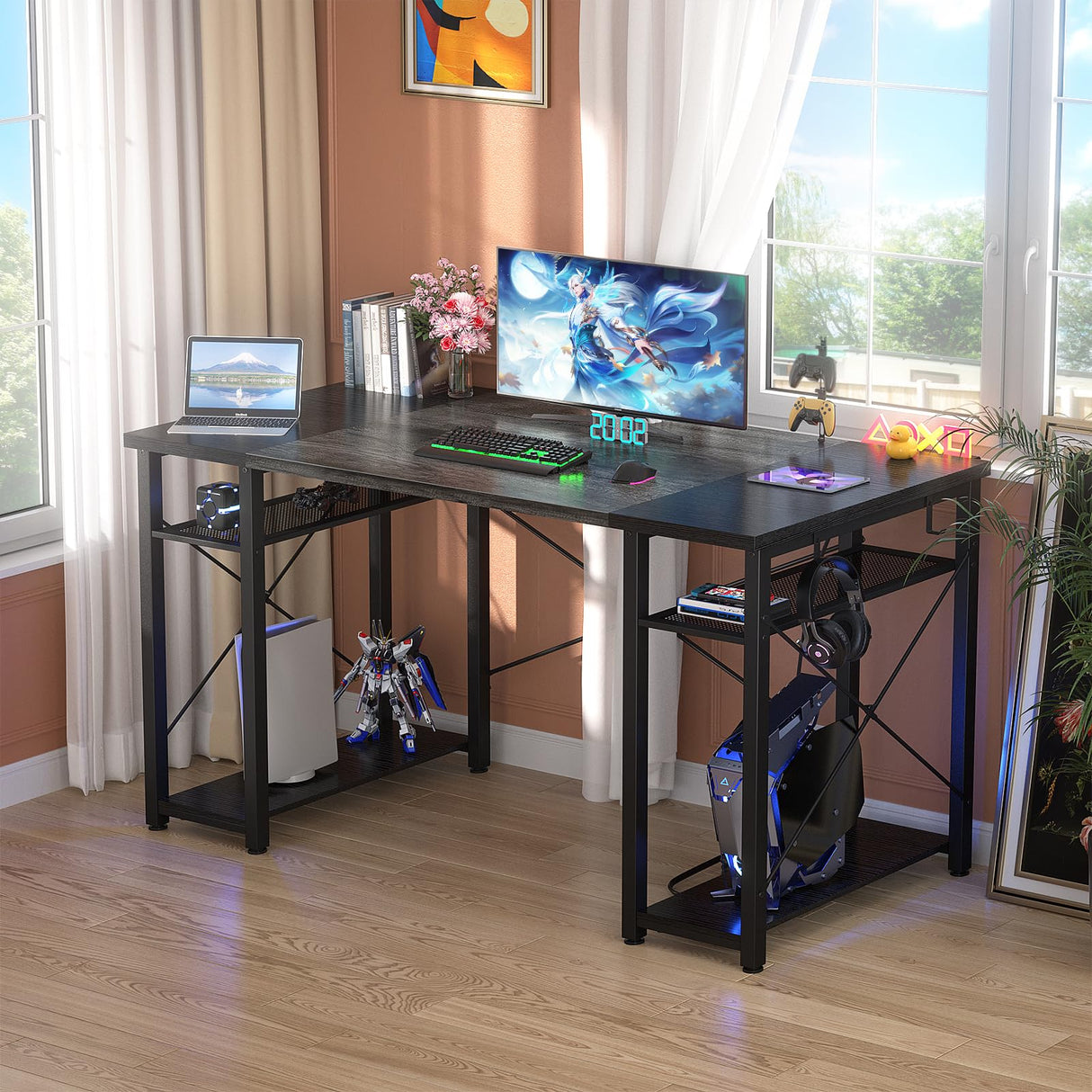 55.2 Inch Gaming Computer Desk, Large Office Desk with 4 Storage Shelves, 55.2'' Study