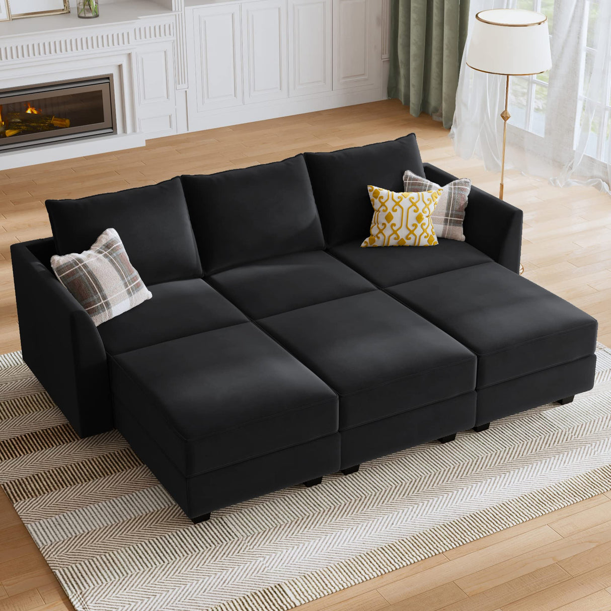 Modular Sofa Sectional Sleeper Couch with Ottoman Velvet 6 Seater Sofa with Storage