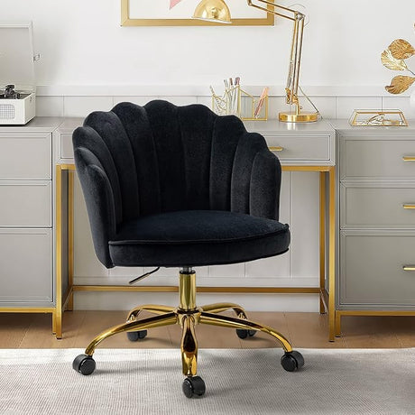 Velvet Home Office Chair with Gold Base, Womans Modern Cute Shell Back Upholstered