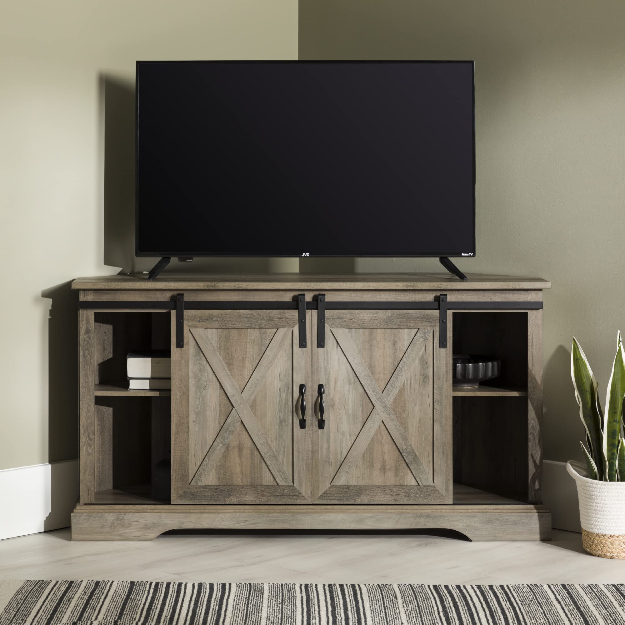 Everette Modern Farmhouse Double Sliding X Barn Door Stand for TVs up to 58 Inches,