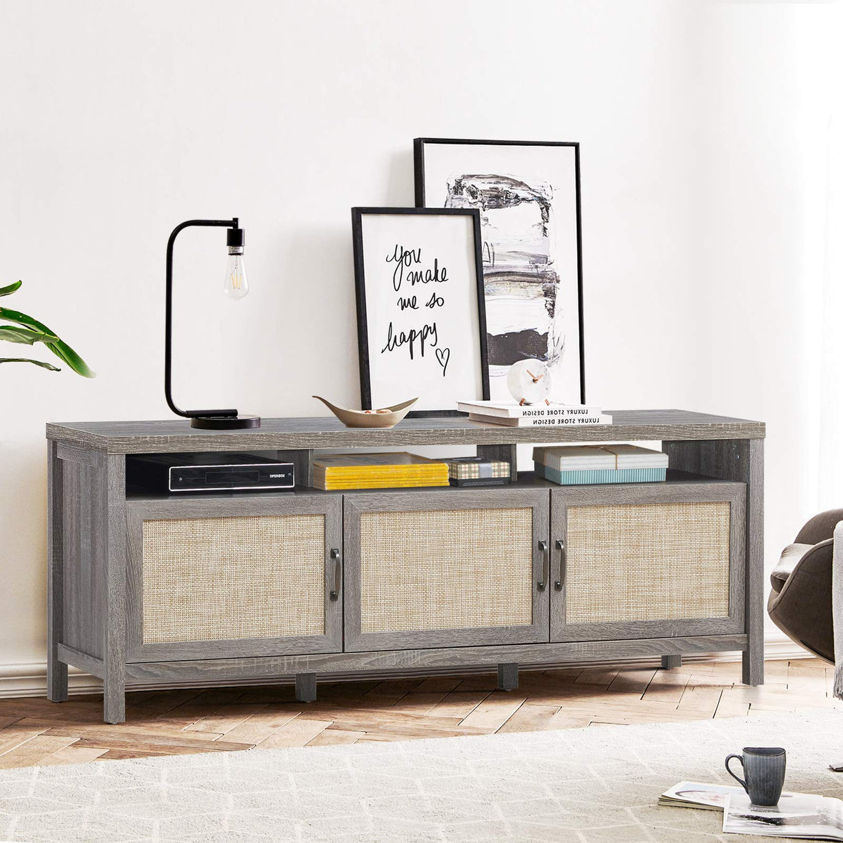 TV Stand, 62" Modern Boho Entertainment Center for TVs up to 65/70 Inches, Adjustable Shelves,