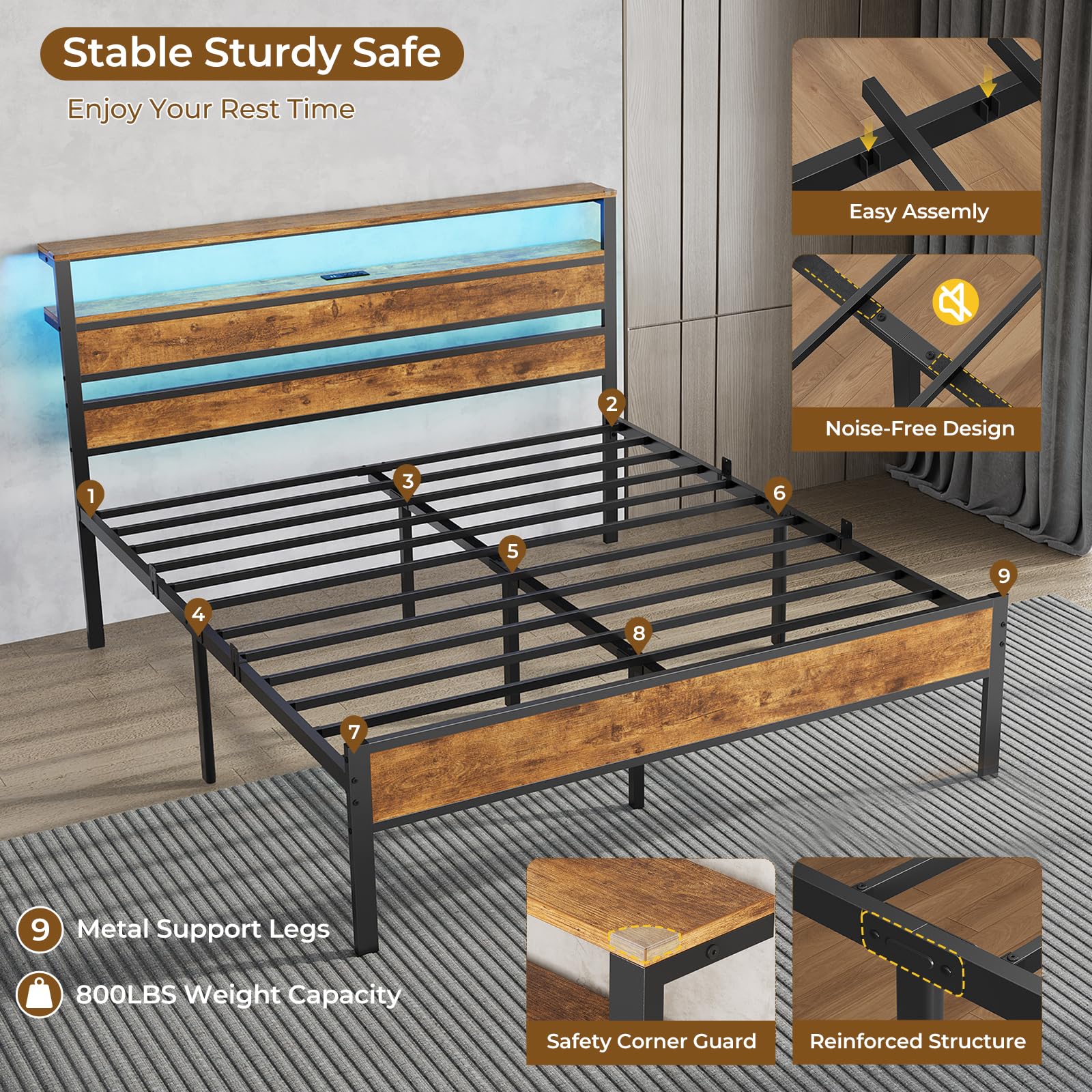 Full Bed Frame with LED Lights & Charging Station