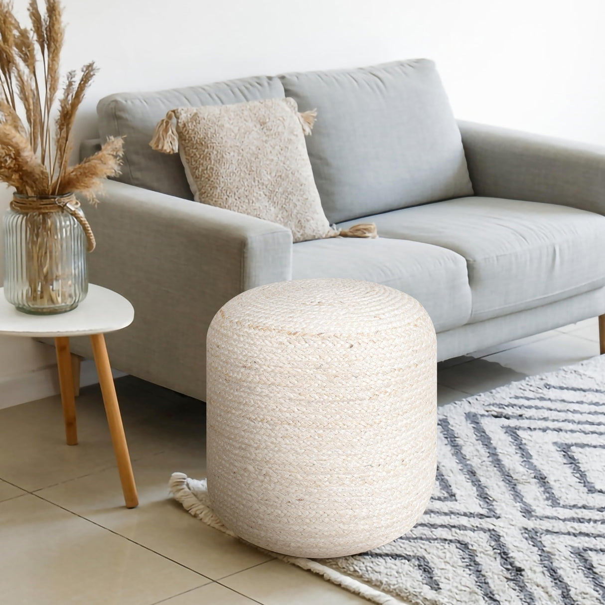 Jute Pouf Ottoman - Ivory, Boho Foot Rest Stool with Filler for Sofa, Kids Bedroom