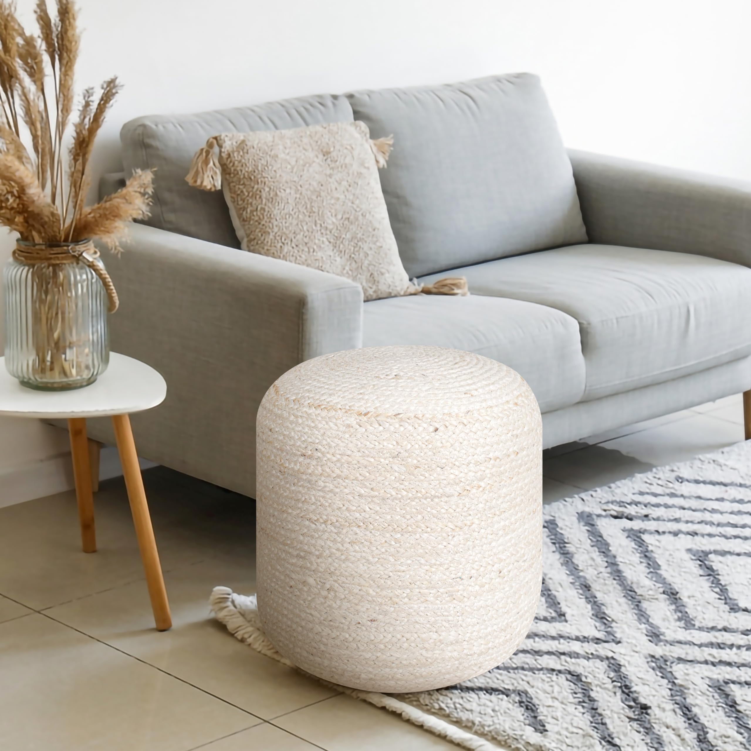 Jute Pouf Ottoman - Ivory, Boho Foot Rest Stool with Filler for Sofa, Kids Bedroom