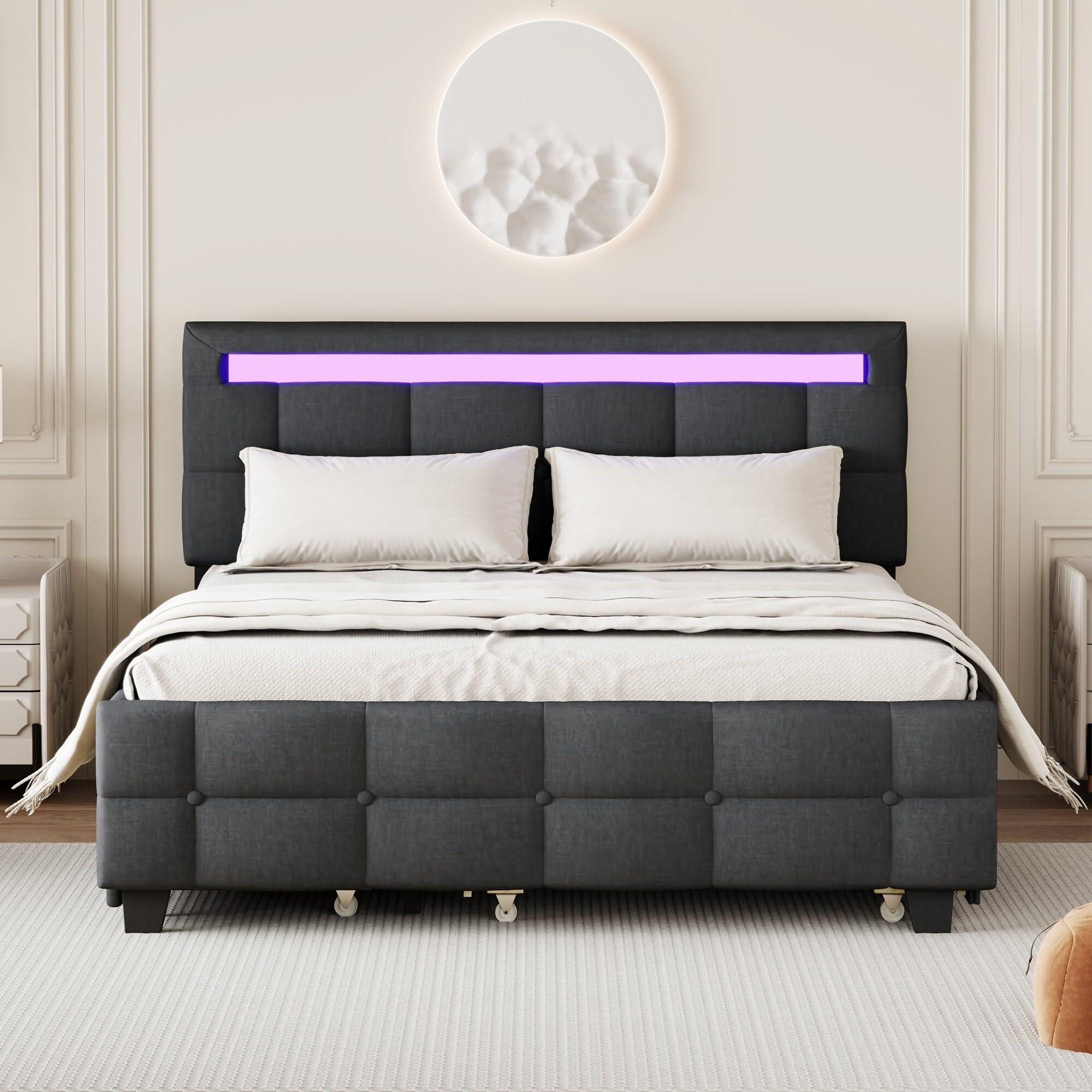 Upholstered Platform Bed with LED Frame Grey - Queen