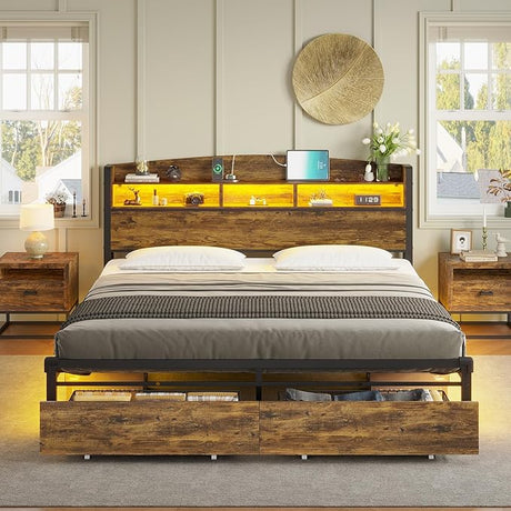 King Size Bed Frame with Storage & LED Light Headboard, Metal Platform Bed