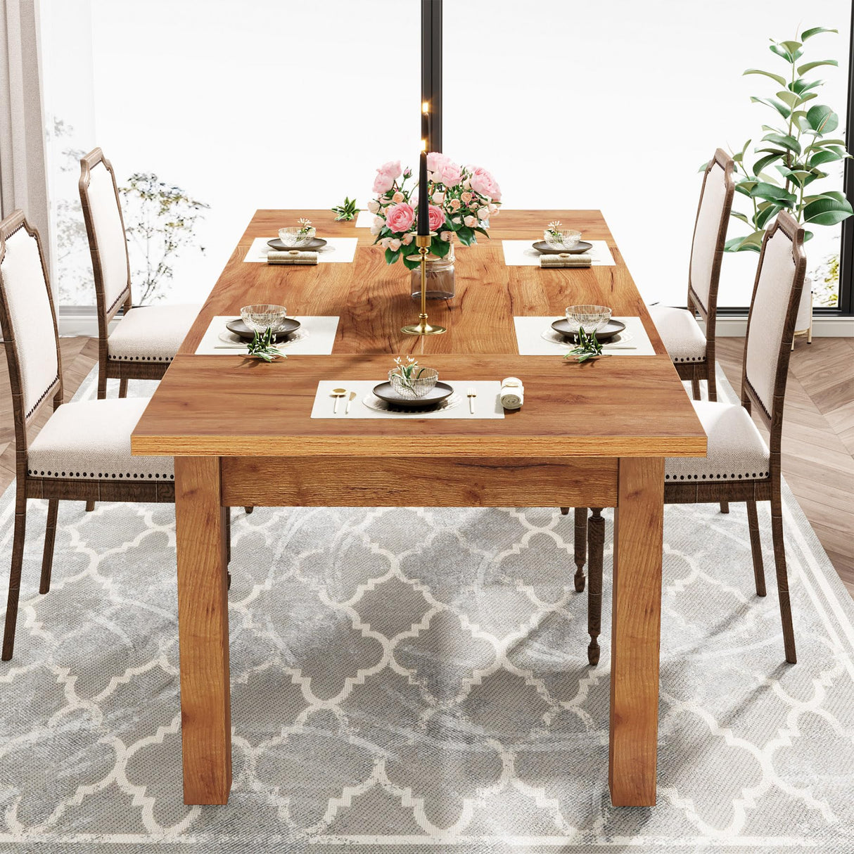 70.87" Wood Dining Table for 6-8 People, Modern Large Rectangle Kitchen Table,