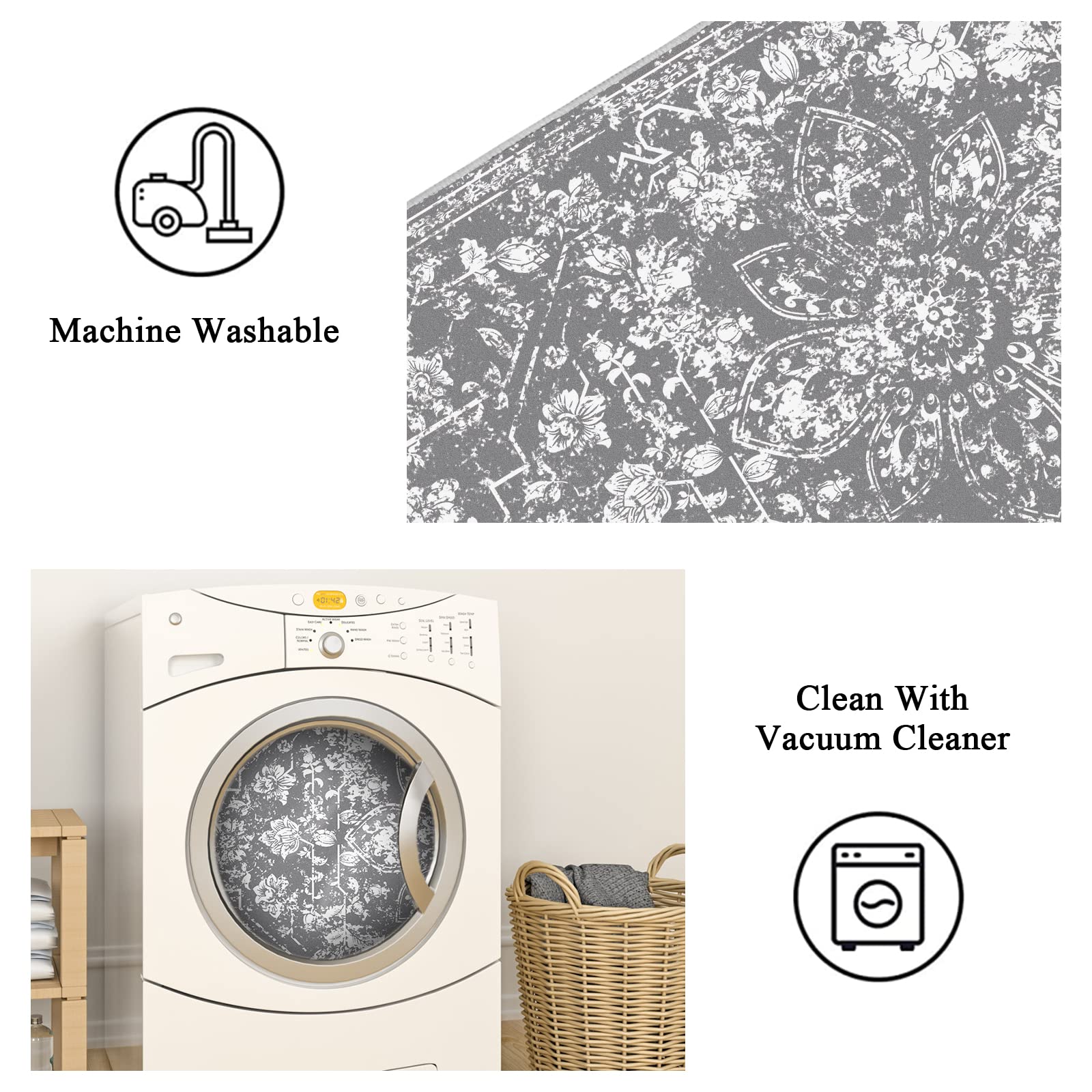 Pauwer Vintage Area Rug 4x6, Distressed Floral Faux Wool Throw Rug, Non Slip Boho Hallway Area Rug, Washable Low-Pile Carpet for Kitchen Living Room Bedroom,(4'x6', Grey)