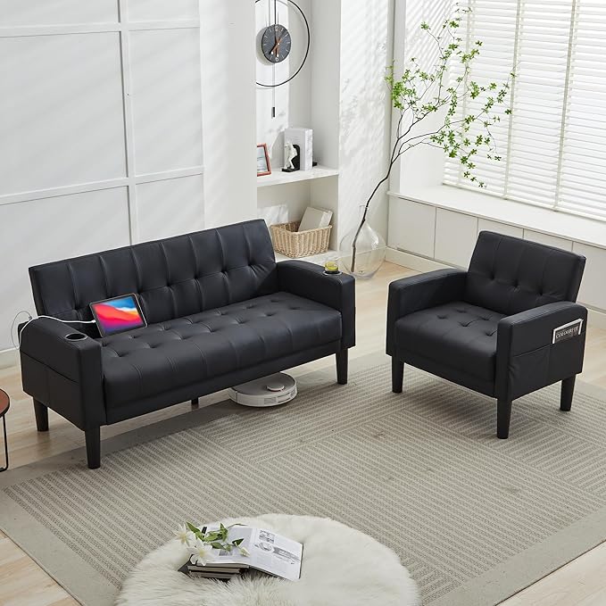 Sofa Couch 62" W Loveseat w/ 2 USB Charger Ports & 2 Cupholder