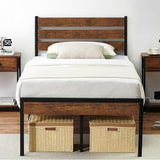 Size Bed Frame with Headboard Footboard, Rustic Brown Wood Farmhouse Metal Platform