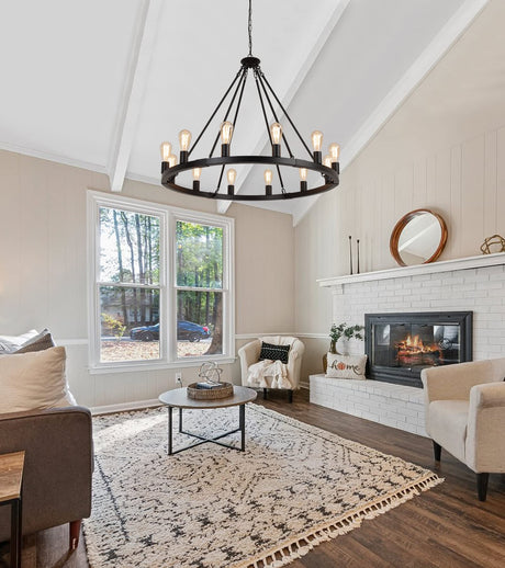 Large Farmhouse Wagon Wheel Chandelier,Black Industrial Round 12 Lights Dining Room