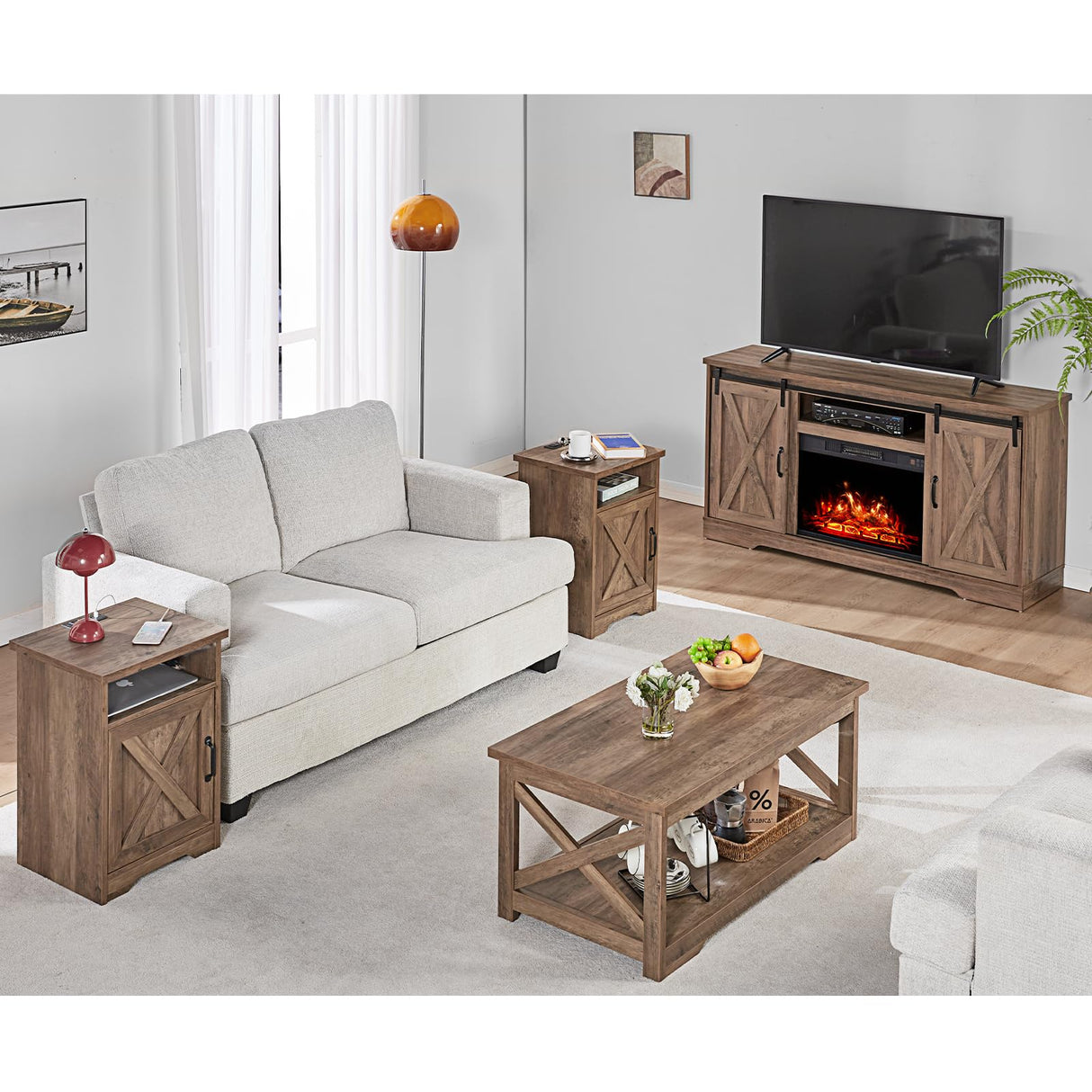 5-Piece Farmhouse Table Set includes Fireplace TV Stand, Coffee Table& Two End Tables