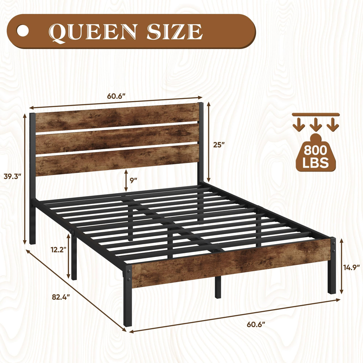 Lifezone Queen Bed Frame with Headboard and Footboard, Metal Queen Bed Frame with Under-Bed Storage, All-Metal Support System, No Box Spring Needed, Easily Assemble, Vintage Brown