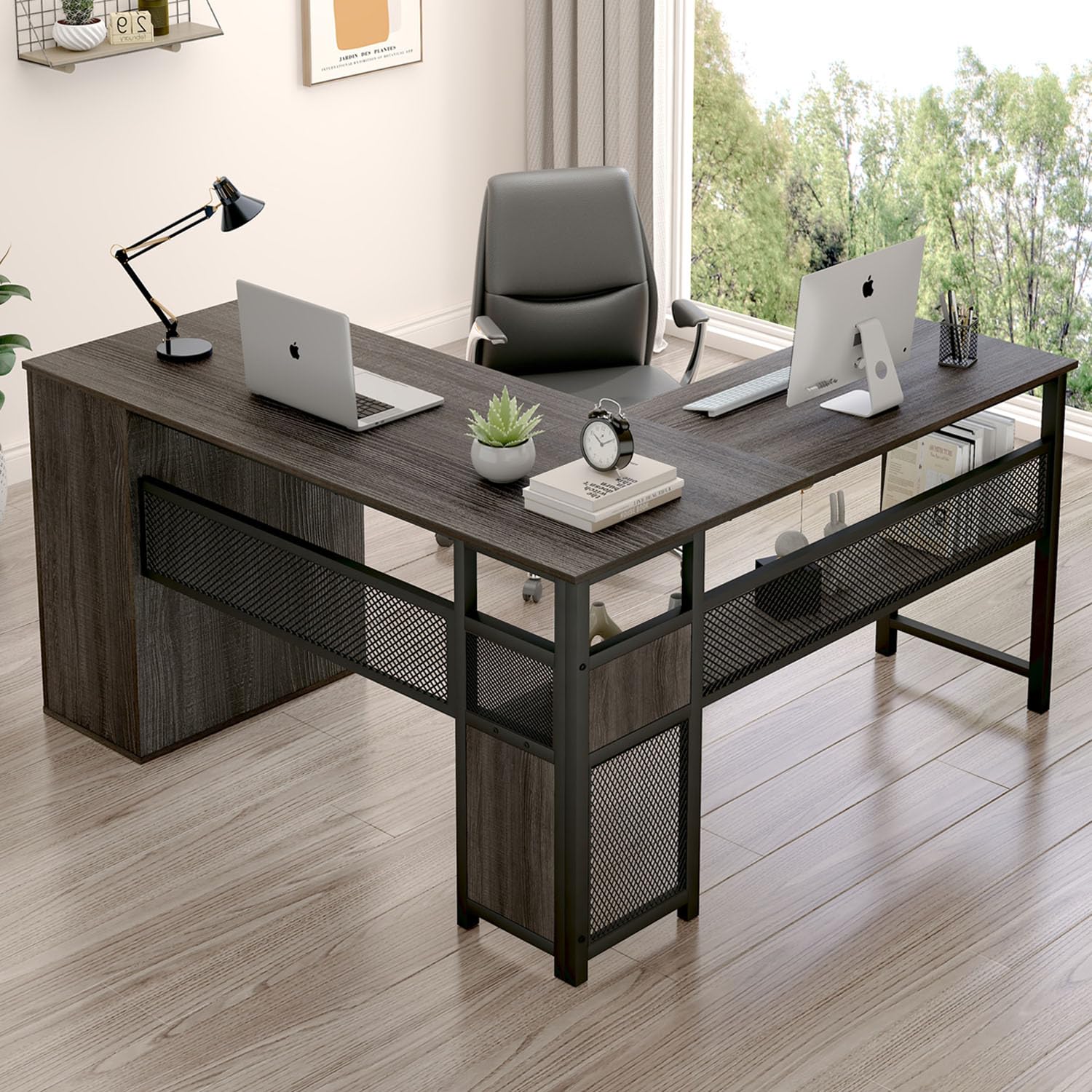 L Shaped Desk with Storage Cabinets, Reversible Home Office Corner Desk