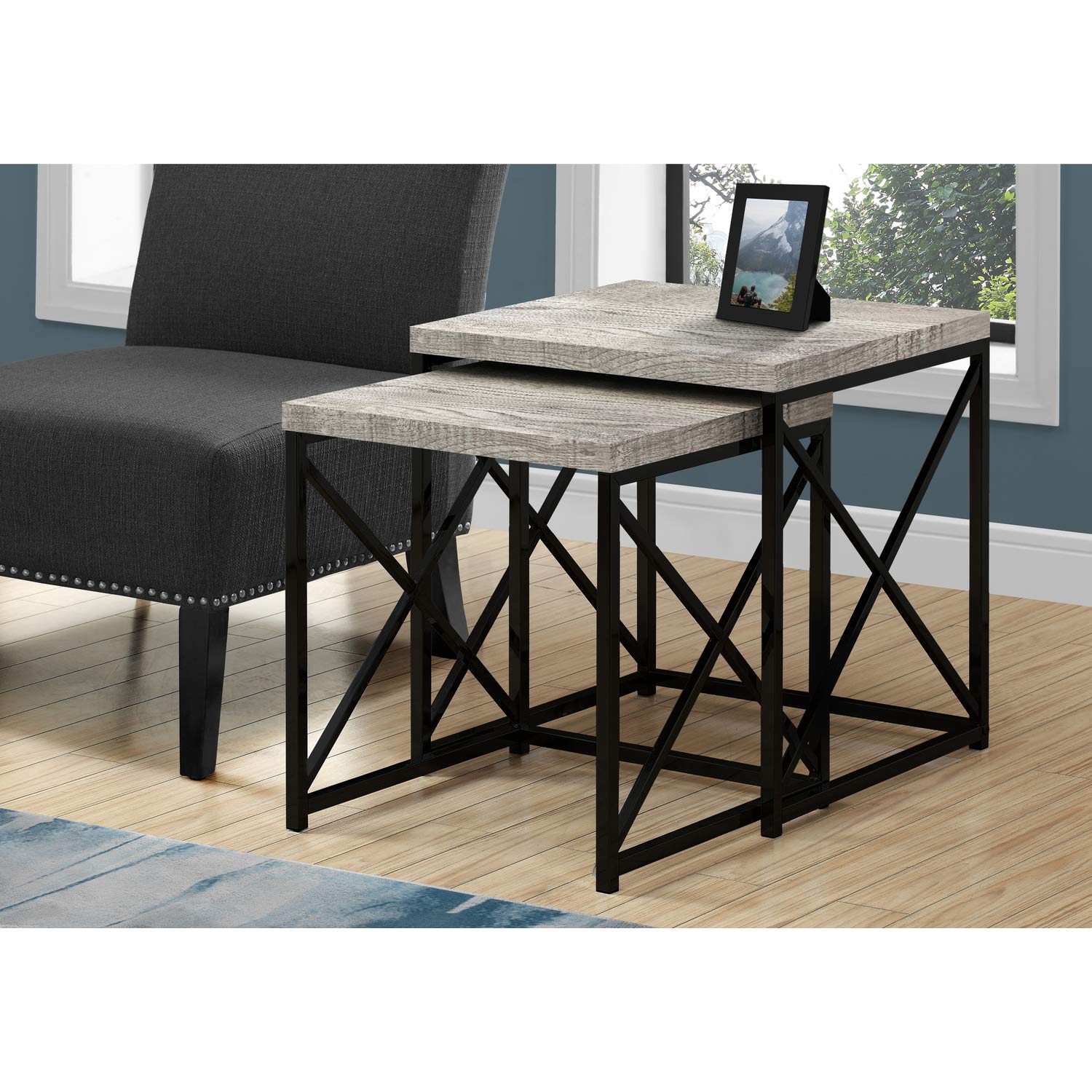 I TABLE-2PCS Set/Grey Reclaimed Wood/Black NESTING TABLE, Gray
