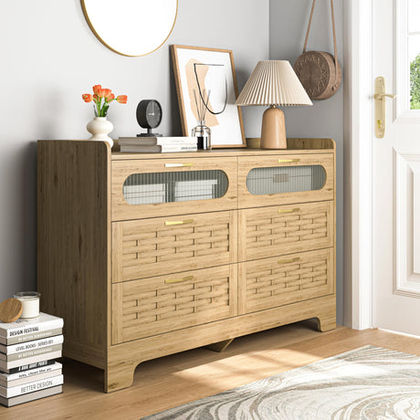 Dresser for Bedroom,6 Drawers Rattan Dresser, Farmhouse Wood Chest of Drawers