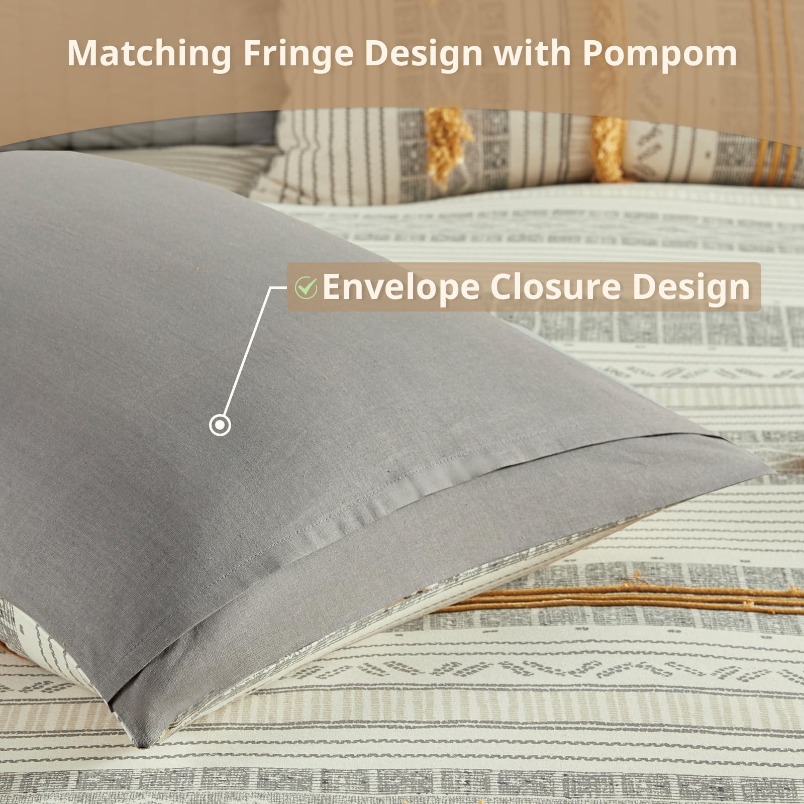 Cody King Comforter Set - Gray Yellow Boho Bedding with Pompom Trim