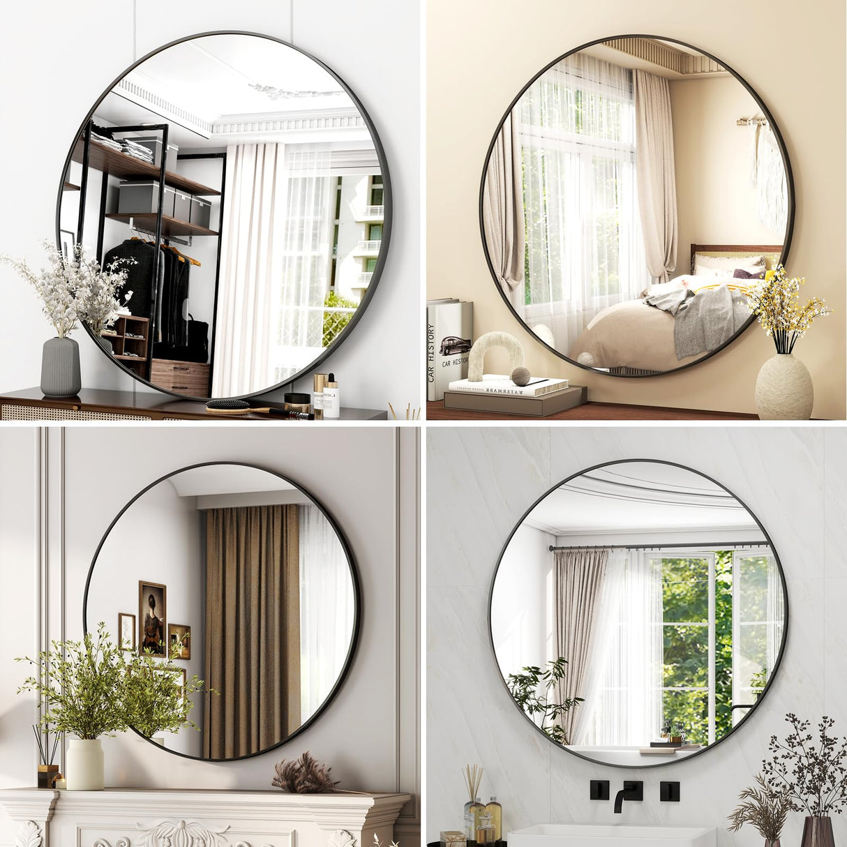 42 Inch Round Bathroom Mirror - Black Wall Mounted Circle Mirror with Metal Frame