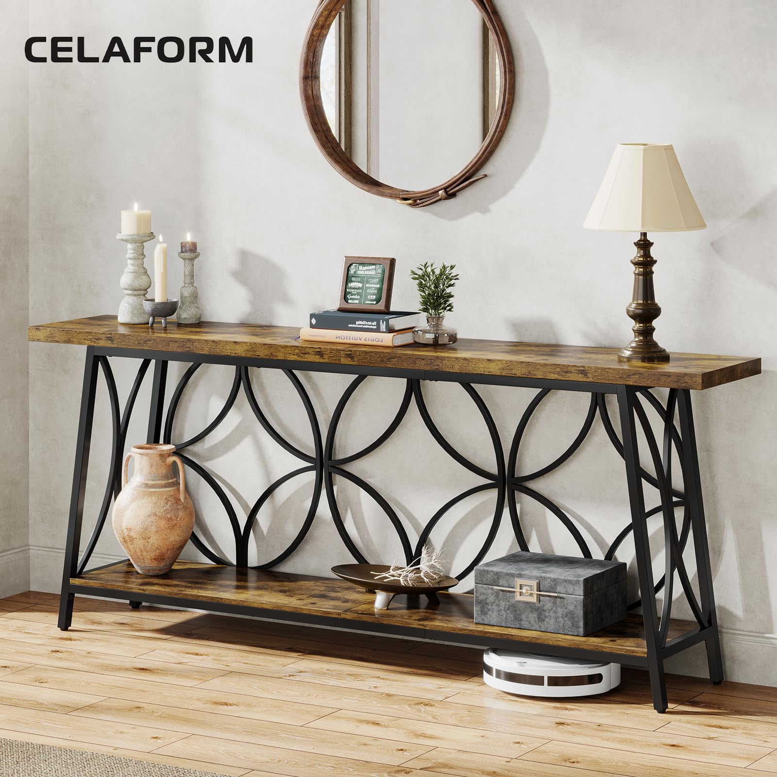 70.9-Inch Rustic Brown Console Table with Storage - 2-Tier Sofa Table